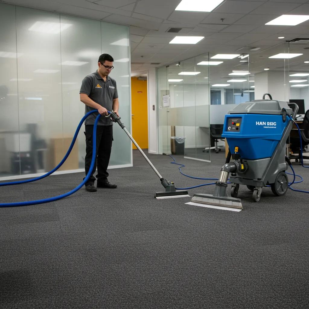 Professional carpet cleaning technician deep cleaning commercial office floor